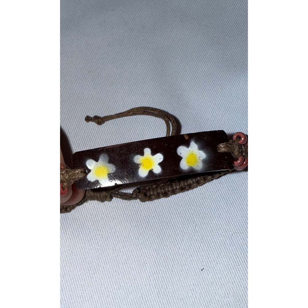 Handmade Floral Plumeria Wood Bar Adjustable Cord Bracelet Brown Boho Tropical
